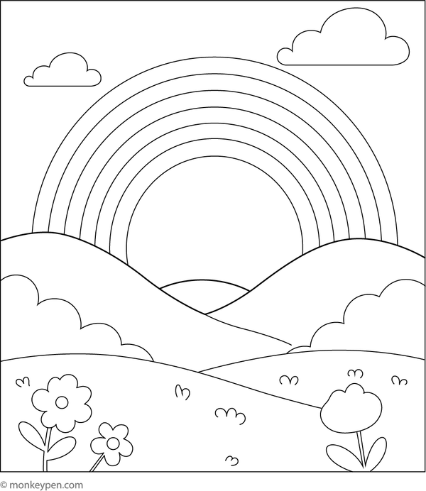 Free Printable Rainbow Over a Hill Coloring Sheet for Kids