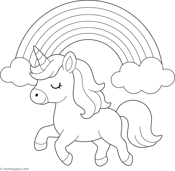 Printable Unicorn Under a Rainbow Coloring Image for Children