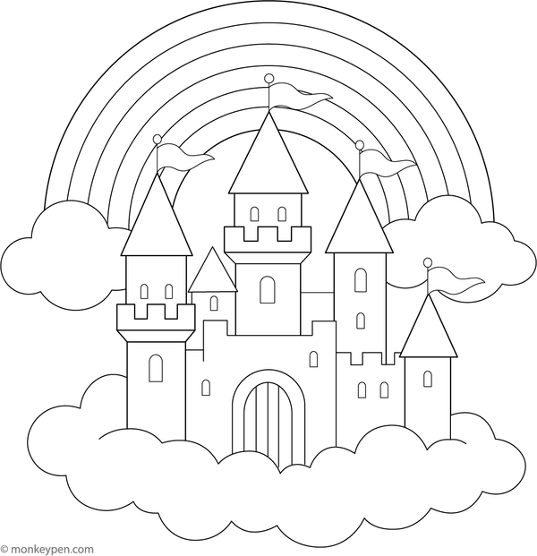 Printable Rainbow Castle in the Clouds Coloring Image for Kids