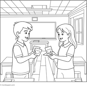 Free Printable Two Children Exchanging Valentine Cards at School Coloring Sheet for Kids