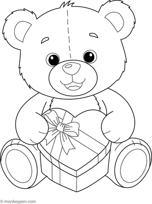 Free Printable Teddy Bear with a Heart-Shaped Gift Box Coloring Image for Kids
