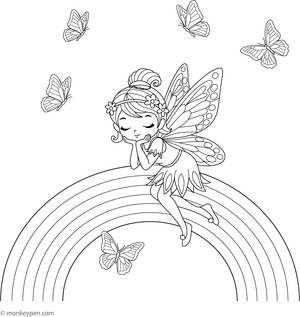 Free Printable Fairy Sitting on a Rainbow Coloring Imge for Kids