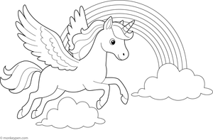Printable Pegasus Soaring Through a Rainbow Coloring Sheet for Kids