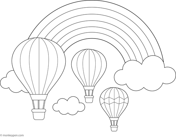 Printable Rainbow-Coloured Hot Air Balloons Coloing Sheet for Children