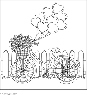 Free Printable Heart-Shaped Balloons Tied to a Bicycle Coloring Sheet for Kids