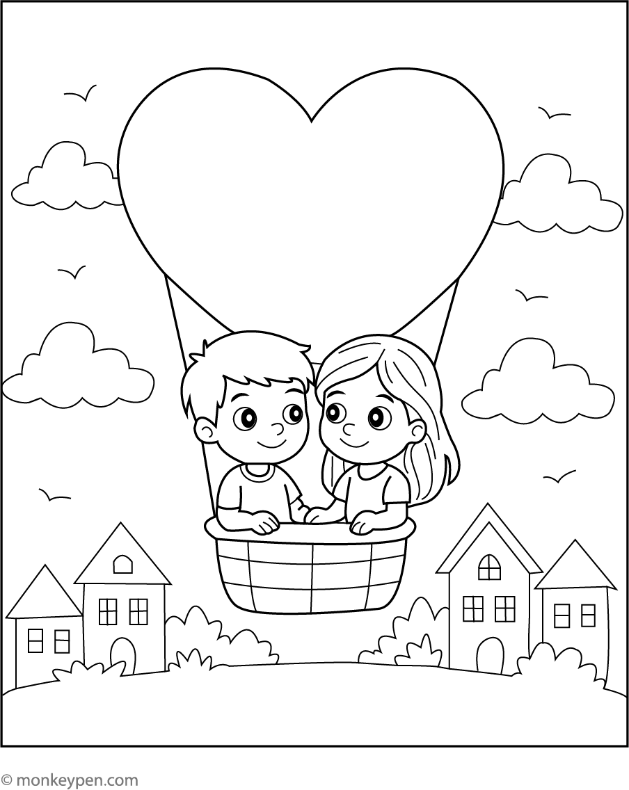 Heart-Shaped Hot Air Balloon Ride | Free Coloring Page Download