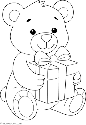 Teddy bear with a wrapped gift and a big smile, ready to be colored.
