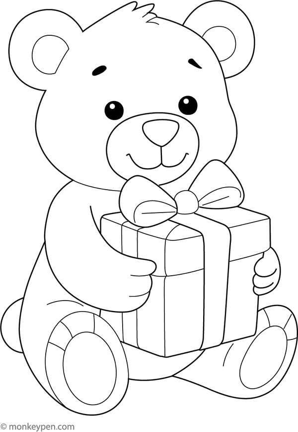 Teddy bear with a wrapped gift and a big smile, ready to be colored.
