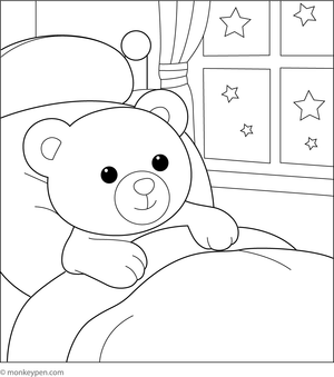 Teddy bear resting in a comfortable bed, perfect for bedtime coloring.
