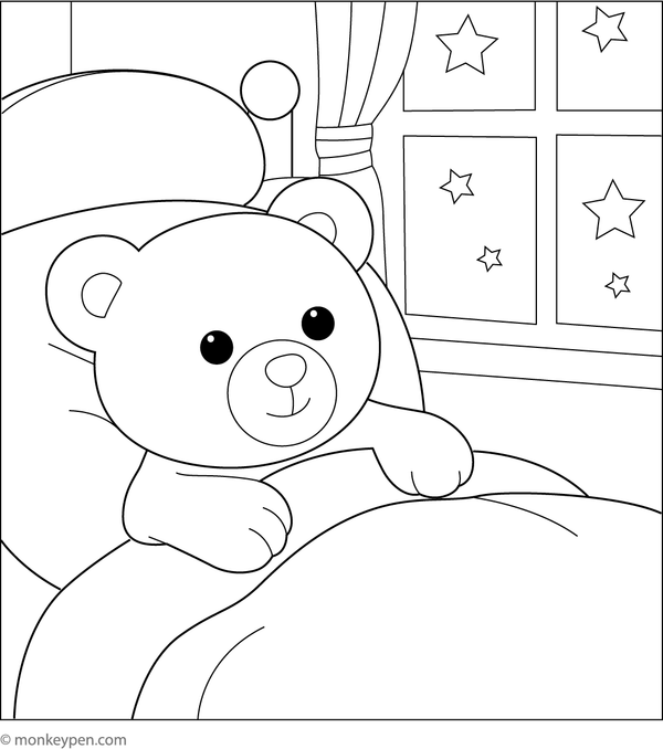 Teddy bear resting in a comfortable bed, perfect for bedtime coloring.
