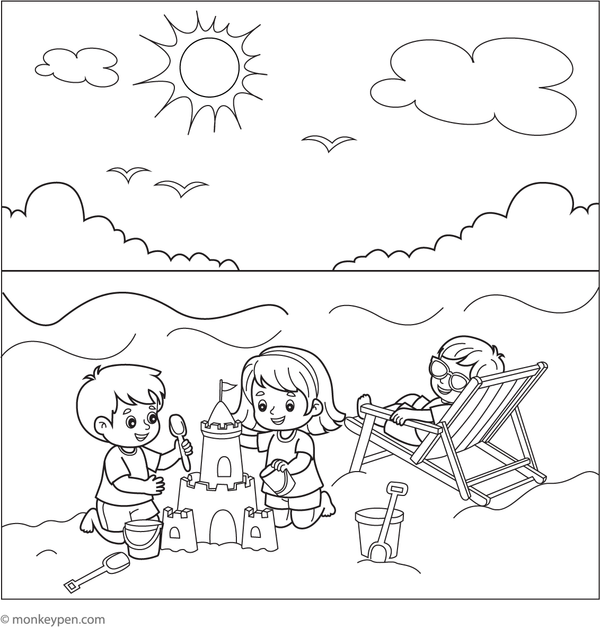 Printable Beach Day Scene Coloring Image for Children