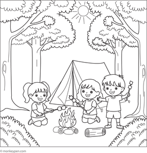 Free Printable Camping in Summer Forest Coloring Picture