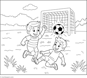 Free Printable Boy Scoring a Goal Coloring Pictue for Children