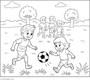 Printable Children Playing Soccer in the Park Coloring Image for Children