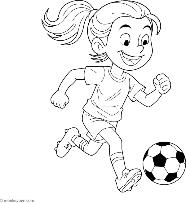 Free Printable Girl Dribbling a Soccer Ball Coloring Sheet for kids