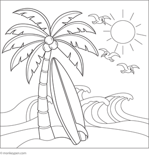 Free Printable Surfboard and Palm Trees Coloring Picture