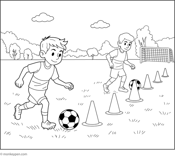 Pirntable Kids Practising Passing Drills Coloring Sheet for Kids
