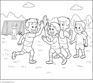 Free Printable Kids Cheering After a Goal Coloring Image for Kids