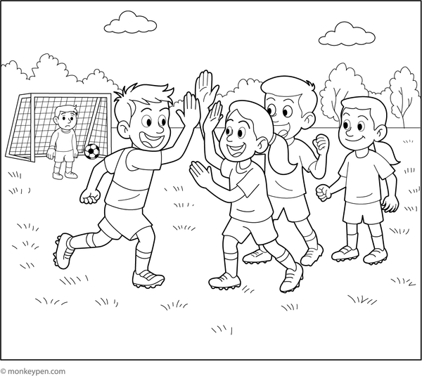 Free Printable Kids Cheering After a Goal Coloring Image for Kids