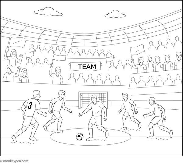 Printable Soccer Stadium with Fans and Flags Coloring