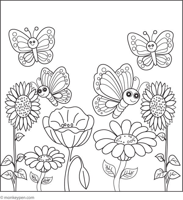 Free Printabe Butterflies and Flowers in Summer Field Coloring Image