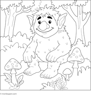 Friendly forest troll among colorful mushrooms, ready to be colored in a magical woodland scene.
