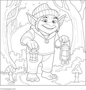 Troll holding a lantern in a dark forest, illuminating the scene for children to color.
