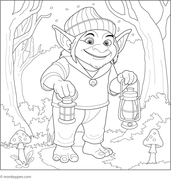 Troll holding a lantern in a dark forest, illuminating the scene for children to color.
