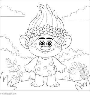 Troll wearing a flower crown amid blooming flowers, ready for coloring.
