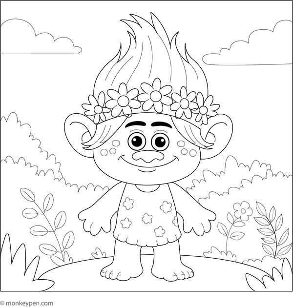 Troll wearing a flower crown amid blooming flowers, ready for coloring.

