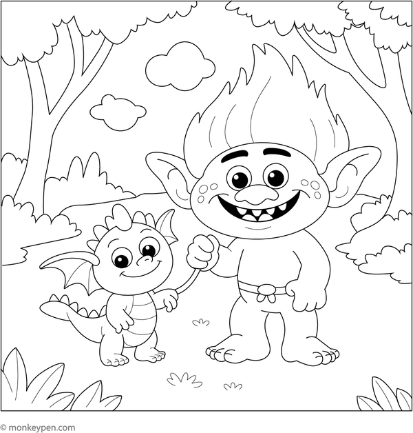 Troll and his pet dragon exploring the forest, awaiting coloring by young artists.
