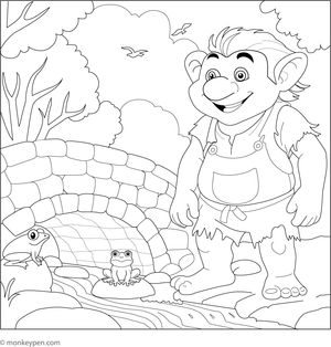 A troll sitting beneath a bridge with frogs hopping nearby, ready to be coloured by children.

