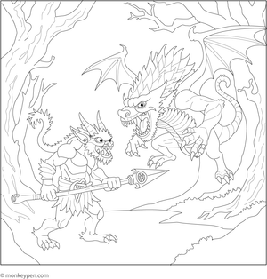 A brave troll confronting a giant beast in a forest, prepared to be coloured.

