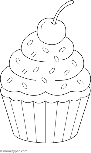 Cupcake with icing and sprinkles, designed for children to color.
