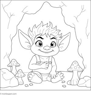 A troll inside a cave adorned with glowing crystals, ready to be coloured.
