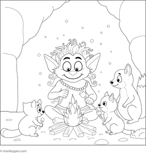 A troll sitting beside a campfire in a serene forest, ready for colouring.

