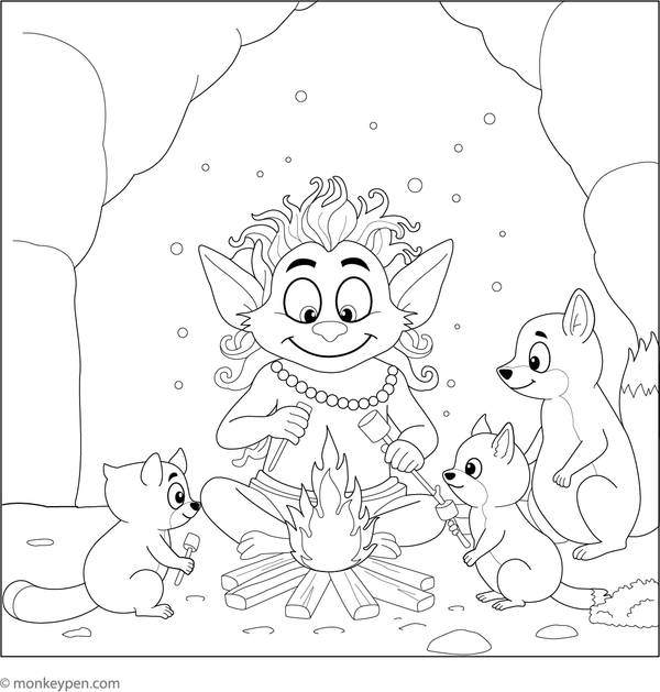 A troll sitting beside a campfire in a serene forest, ready for colouring.
