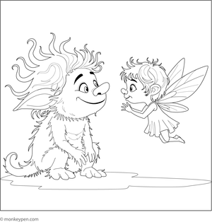 A troll and fairy sharing a whimsical scene in the forest, ready for children to colour.
