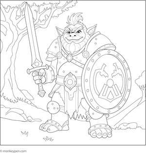 A troll warrior in armor, ready for battle, suitable for coloring.
