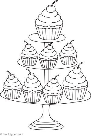 Stacked cupcakes with decorative icing, ready to be colored.
