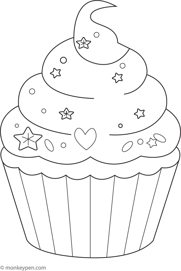 Cupcake with patterned icing featuring stars, hearts, and stripes, ready to be colored.
