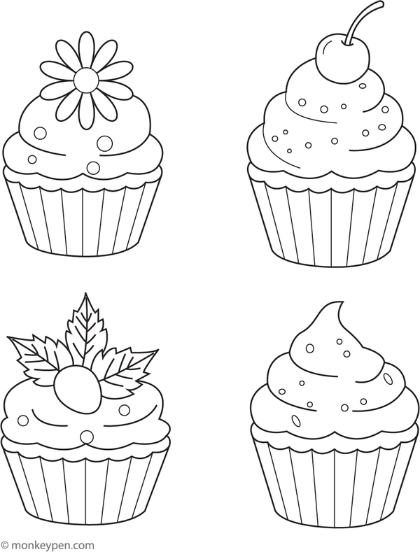 Collection of cupcakes representing spring, summer, autumn, and winter, ready to be colored.
