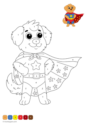 Free downloadable color-by-number worksheet featuring a superhero dog with a cape and mask, standing in a heroic pose—helps kids practice number recognition and enjoy imaginative coloring fun.