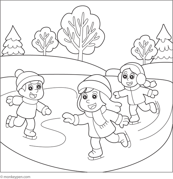 Printable  Frozen Lake with Skaters Coloring Picture
