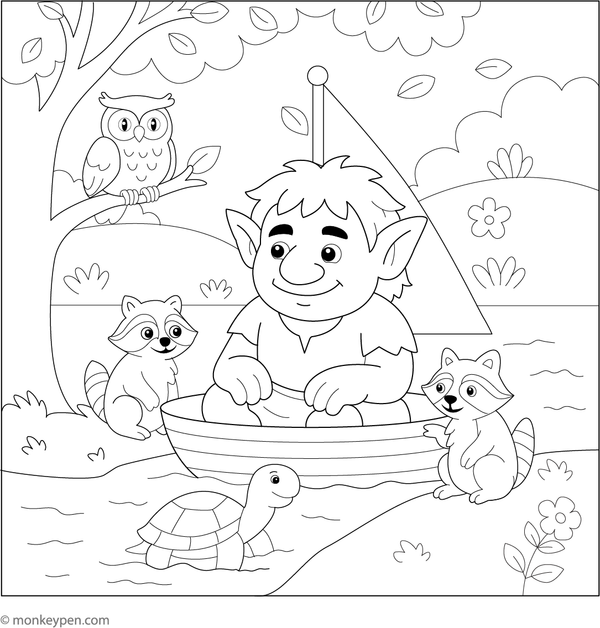 A troll with friends in a joyful forest scene, ready for coloring.
