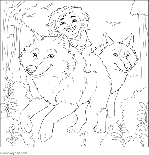 A troll with his large pet in a scenic outdoor landscape, ready for coloring.
