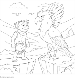A troll and griffin ready for adventure in a dramatic landscape, ideal for coloring.

