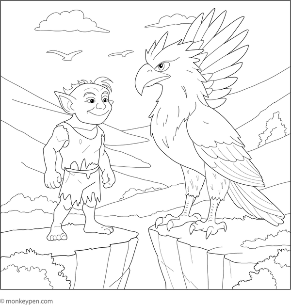 A troll and griffin ready for adventure in a dramatic landscape, ideal for coloring.
