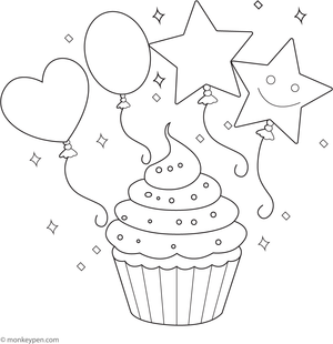 Cupcakes surrounded by balloons at a celebration, filled with festive decorations, ready for children to color.
