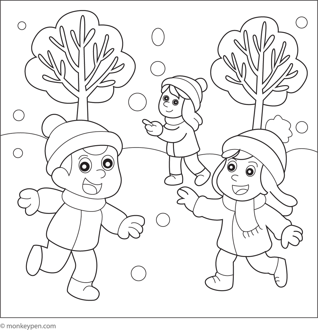 Kids Playing with Snowballs in the Park | Free Coloring Page